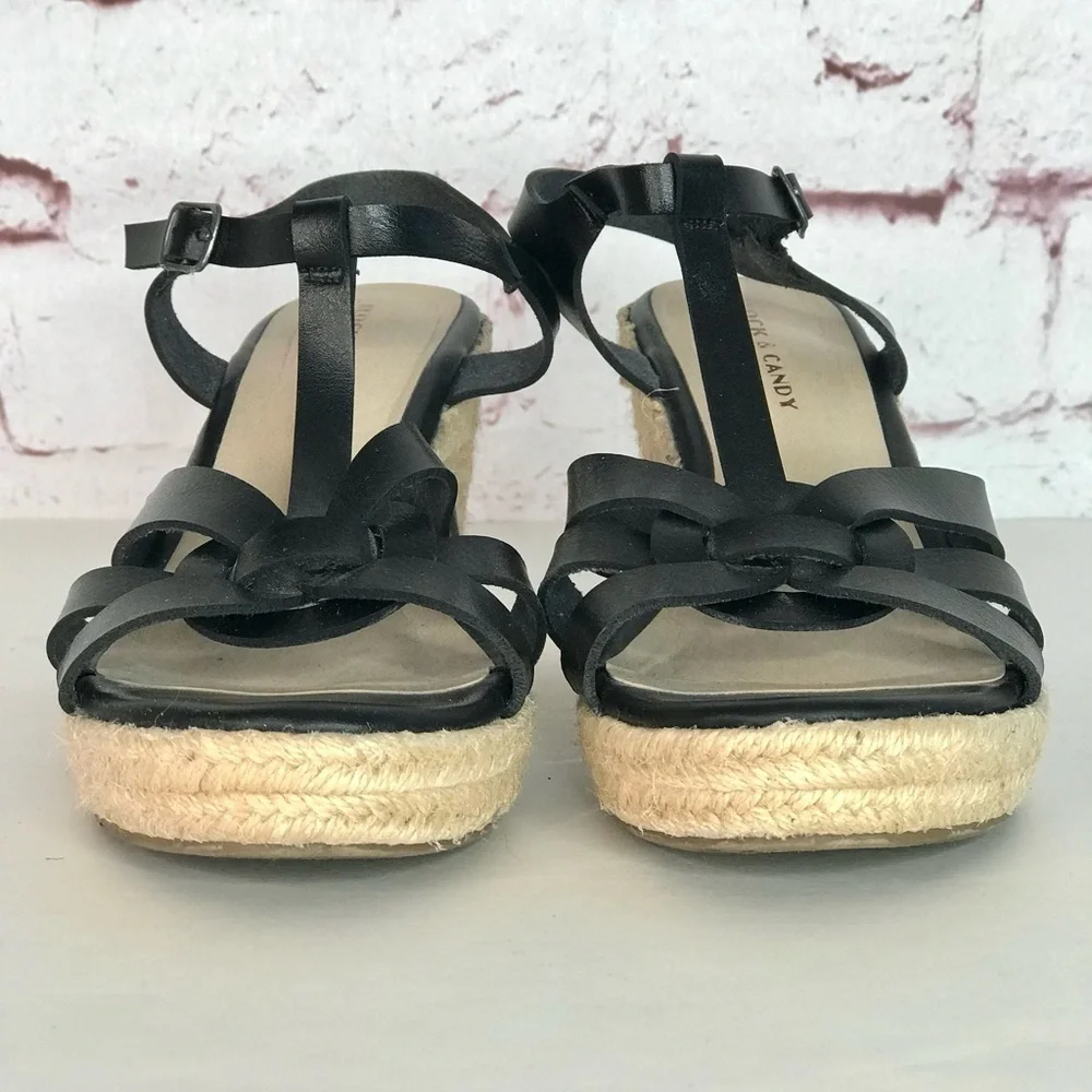 ROCK & CANDY  Fola Espadrille Jute Wrapped Wedge Sandals 8.5 Black faux leather